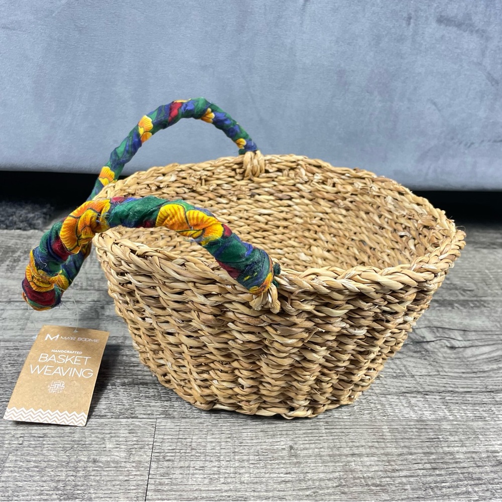 MATR BOOMIE Handcrafted Woven Basket Floral Fabric Handles NEW Flexible 10.5”